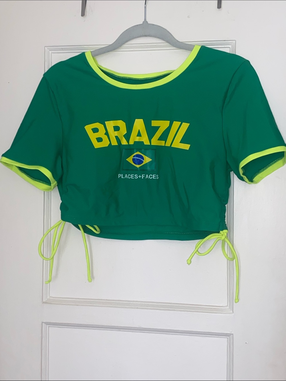 Source Unknown Green "Brazil" Crop Top with Neon Yellow Trim